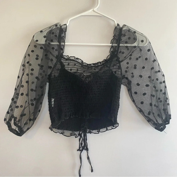 C. Vianca Black‎ Puff Sleeve Crop Blouse with Tie Front - Picture 5 of 6